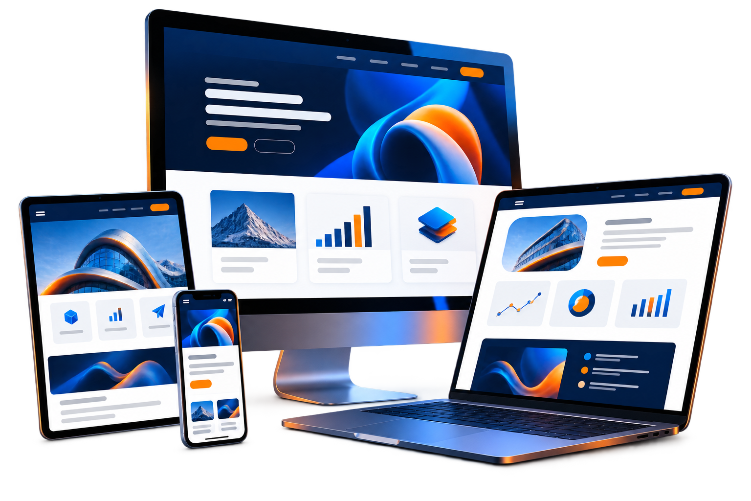 Responsive website design shown across desktop, tablet and mobile devices